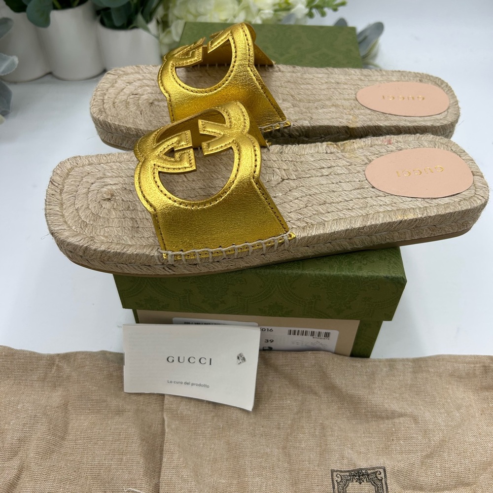 Women's Gucci interlocking G metallic gold leather espadrilles size 39 - Picture 4 of 8